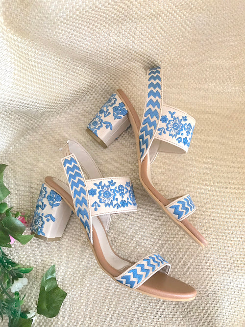 Crème & Blue Block Heels
