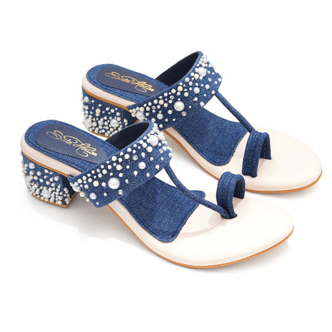 Denim Pearl Embellished Block Heels