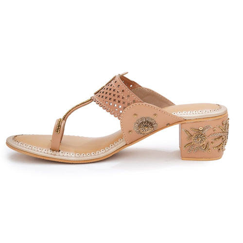 Beige Dabka Embroidered Block Heel Sandals