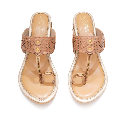 Beige Dabka Embroidered Block Heel Sandals