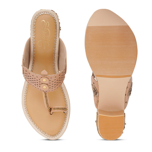 Beige Dabka Embroidered Block Heel Sandals