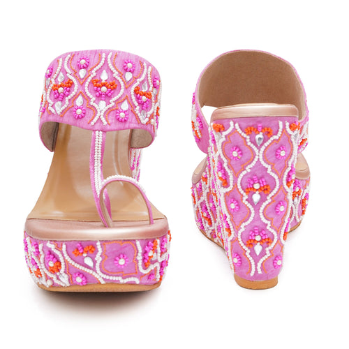 Elegant Pink Embroidered Wedge