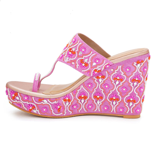 Elegant Pink Embroidered Wedge