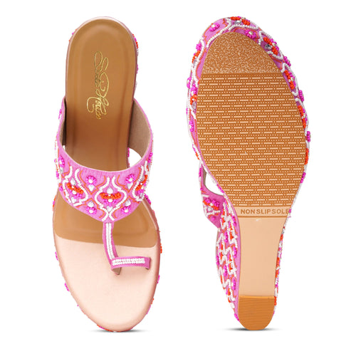 Elegant Pink Embroidered Wedge