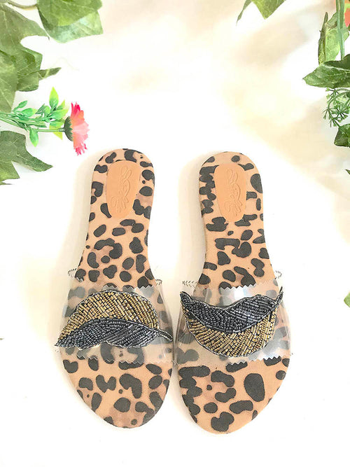 Leopard Feather Sliders Flats