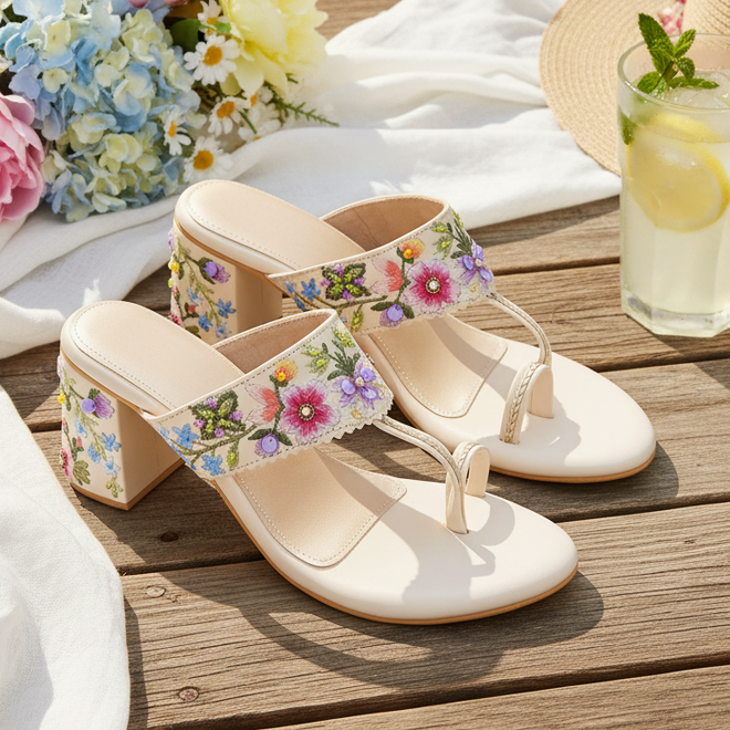 Floral Embroidered Block Heel