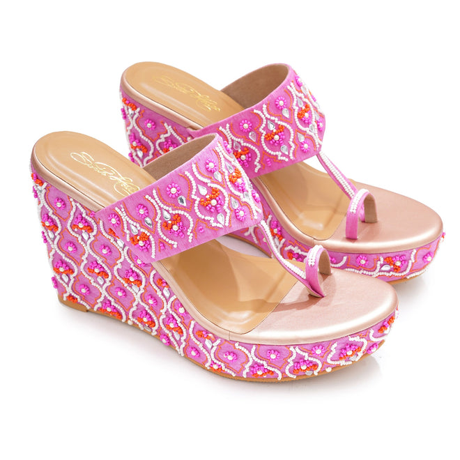 Elegant Pink Embroidered Wedge