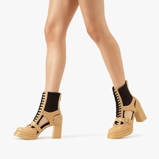 Tan Lace-Up Block Boots