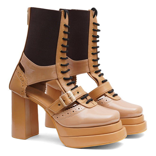 Tan Lace-Up Block Boots