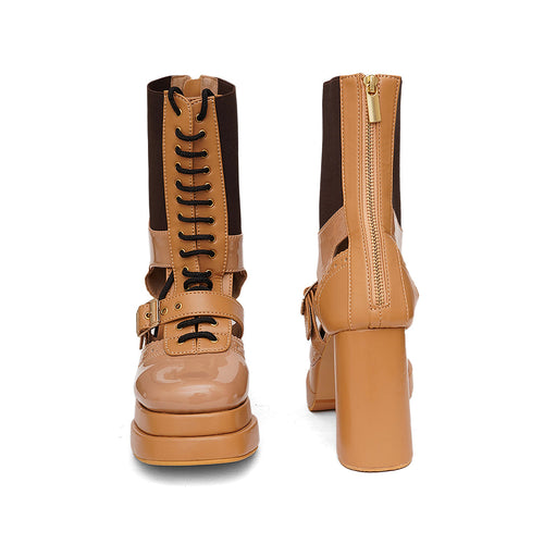 Tan Lace-Up Block Boots
