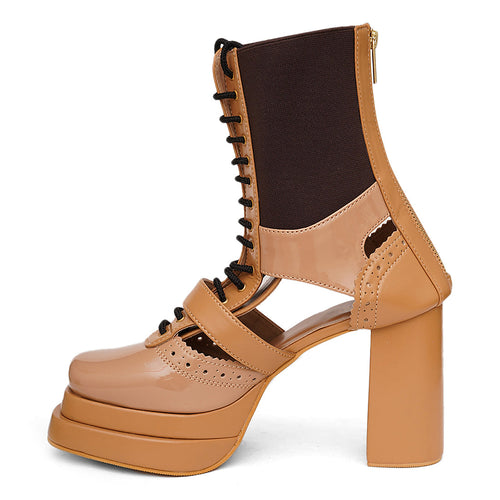 Tan Lace-Up Block Boots