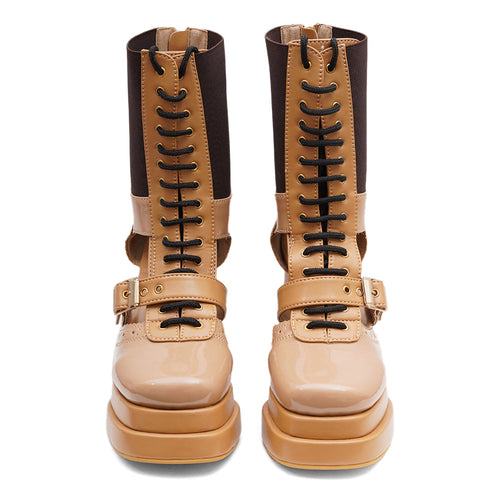 Tan Lace-Up Block Boots
