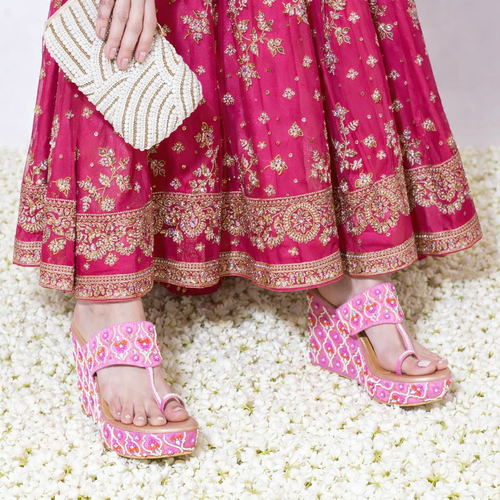Elegant Pink Embroidered Wedge