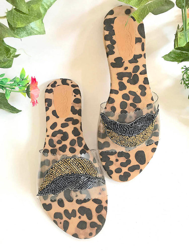 Leopard Feather Sliders Flats